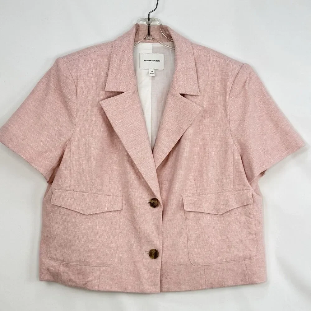 Banana Republic Pink Tailored Blazer Herringbone Cropped Career Womens Size 16